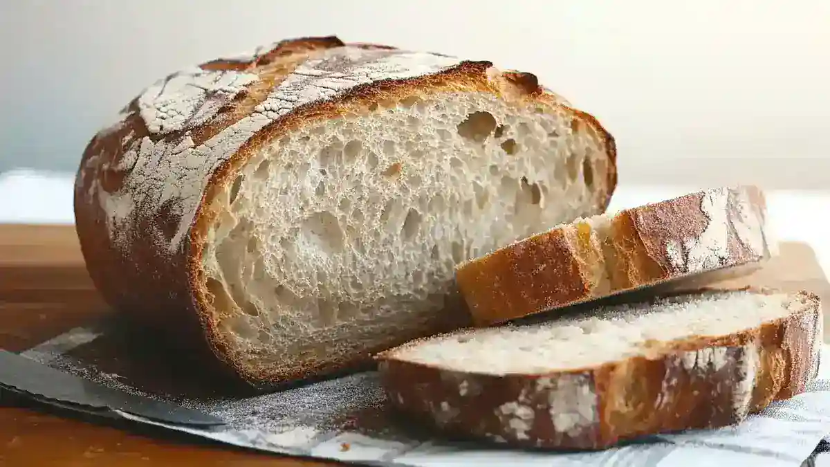 Freshly baked sourdough bread with a crispy crust and airy crumb.