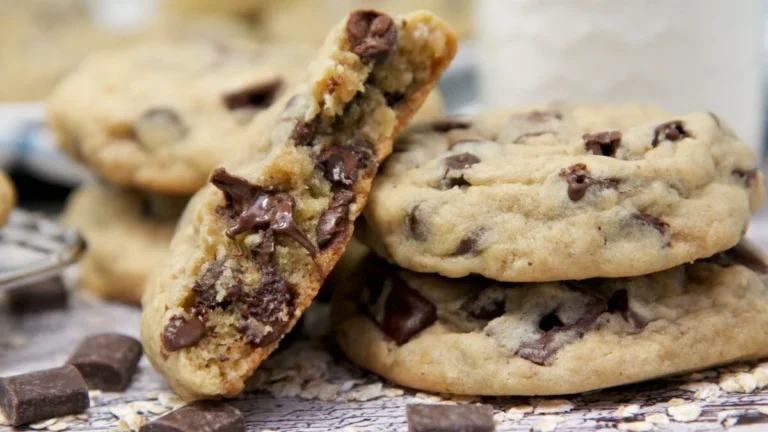 Freshly baked chocolate chip cookies on a cooling rack