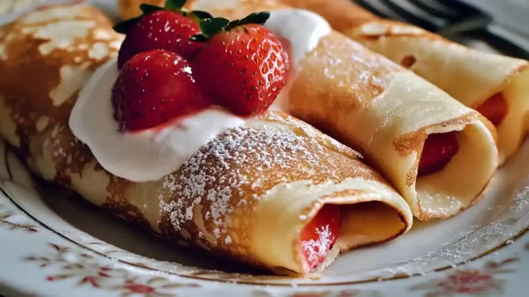 Delicious Creamy Strawberry Crepes filled with a rich cream cheese mixture and topped with fresh strawberries.