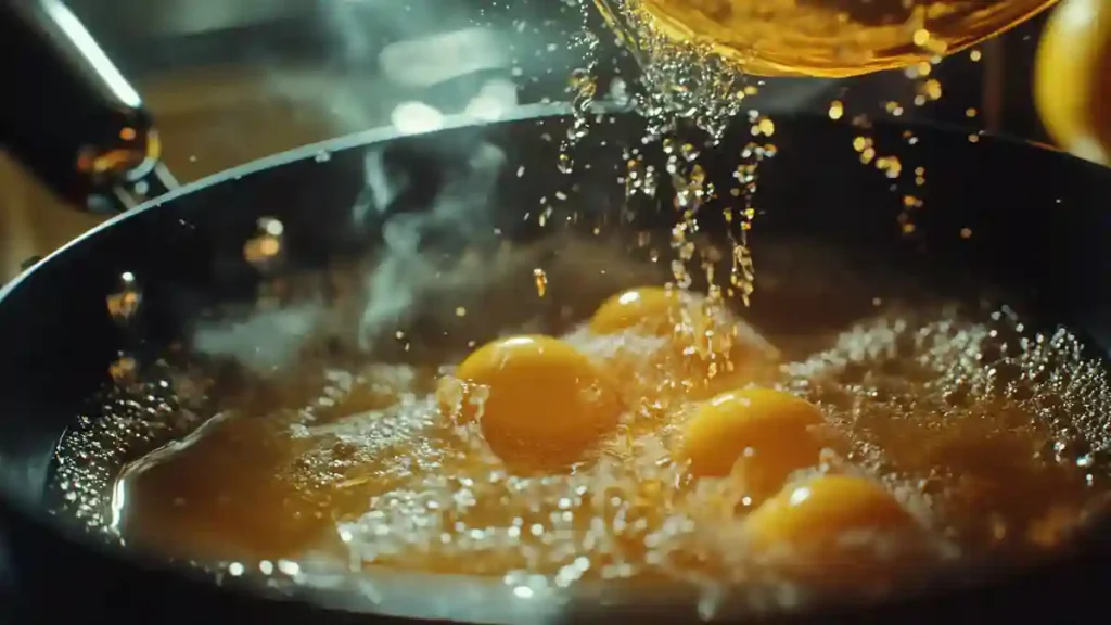 Close-up of a gourmet eggs Benedict topped with a perfectly poached egg, creamy golden hollandaise sauce, and freshly ground pepper on a toasted English muffin