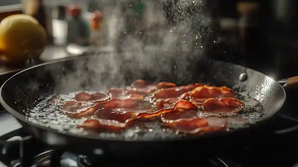 Crispy bacon sizzling in a hot pan, with steam rising, creating a mouthwatering aroma in a warm kitchen setting