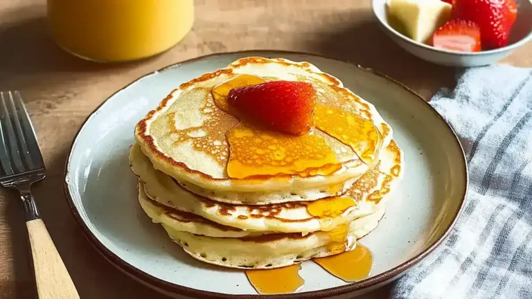 Fluffy pancakes stacked high on a plate, drizzled with maple syrup and topped with fresh berries