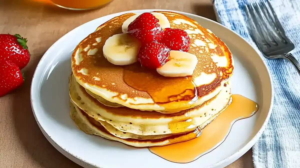 Fluffy pancakes stacked high on a plate, drizzled with maple syrup and topped with fresh berries