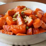 Bowl of candied yams topped with marshmallows and caramelized pecans