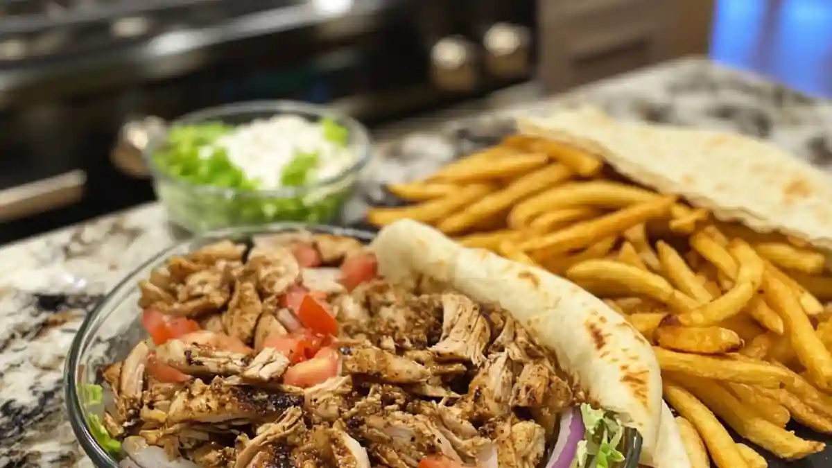 Delicious Shawarma served in pita bread with fresh vegetables, accompanied by crispy French fries on a plate.