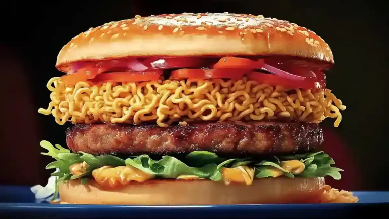 A delicious Ramen Burger made with crispy ramen buns and a juicy beef patty.