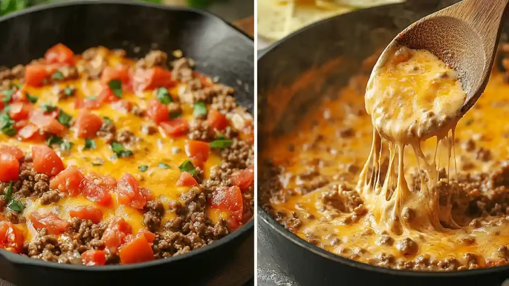 Cooking process of Rotel Dip with ground beef and melted cheese.