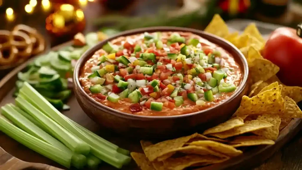 Rotel Dip with various dippers on a party platter.