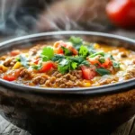 A bowl of creamy Rotel Dip with tortilla chips.