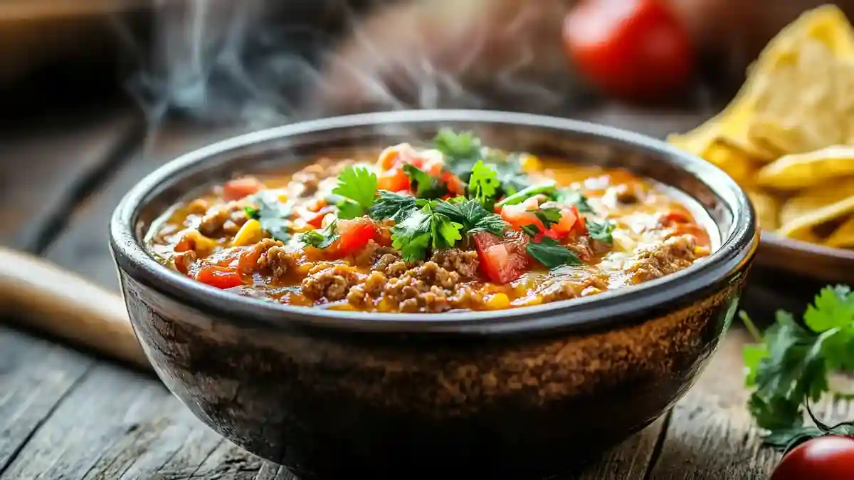 A bowl of creamy Rotel Dip with tortilla chips.