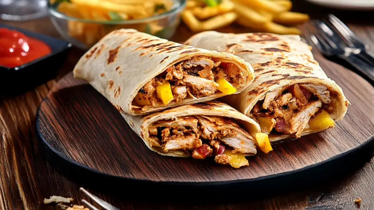 Delicious Shawarma served in pita bread with fresh vegetables, accompanied by crispy French fries on a plate.