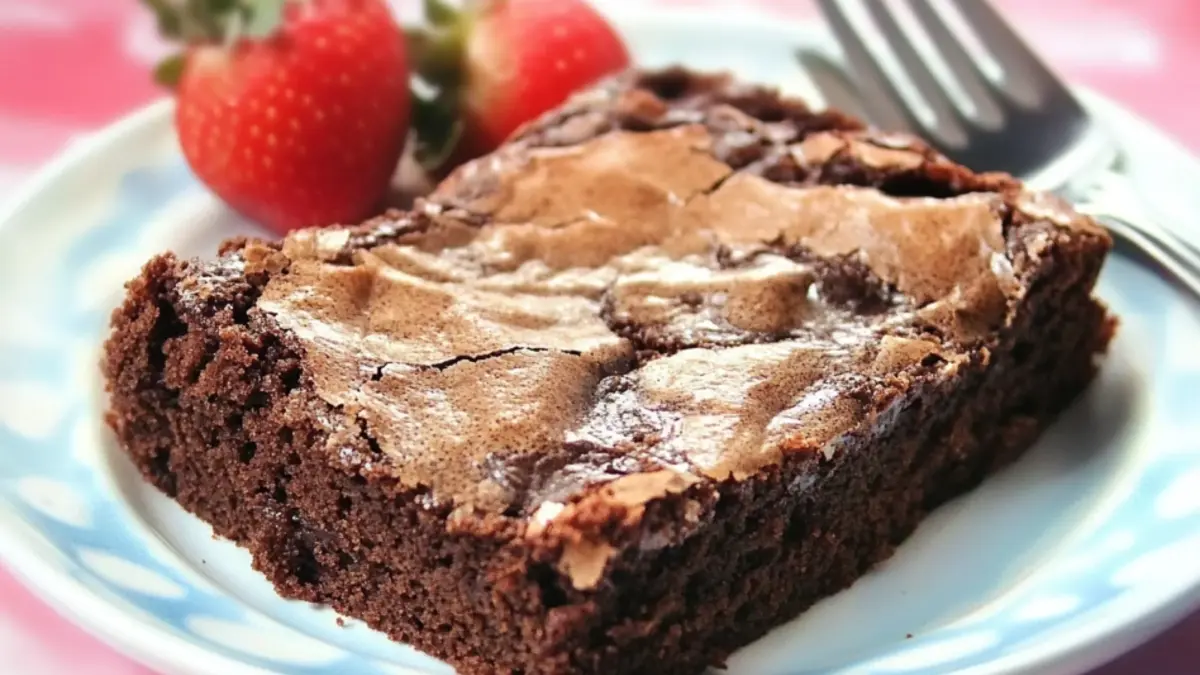 Slice of Chocolate Gooey Butter Cake with a dusting of powdered sugar on a white plate.