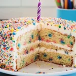 A slice of colorful Funfetti Cake topped with fluffy frosting and rainbow sprinkles.