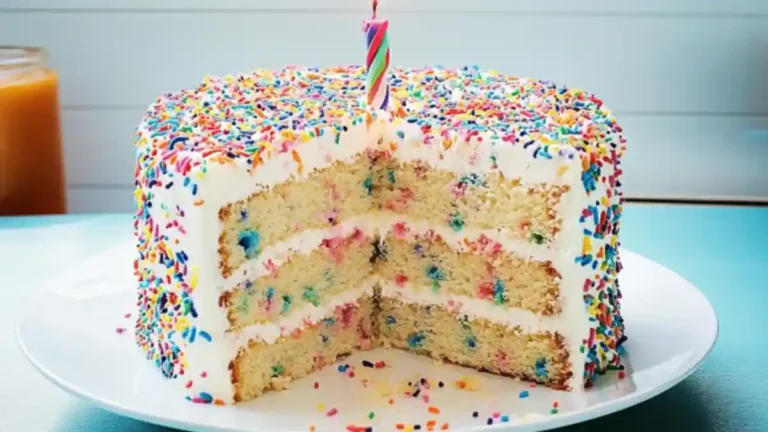 A slice of colorful Funfetti Cake topped with fluffy frosting and rainbow sprinkles.