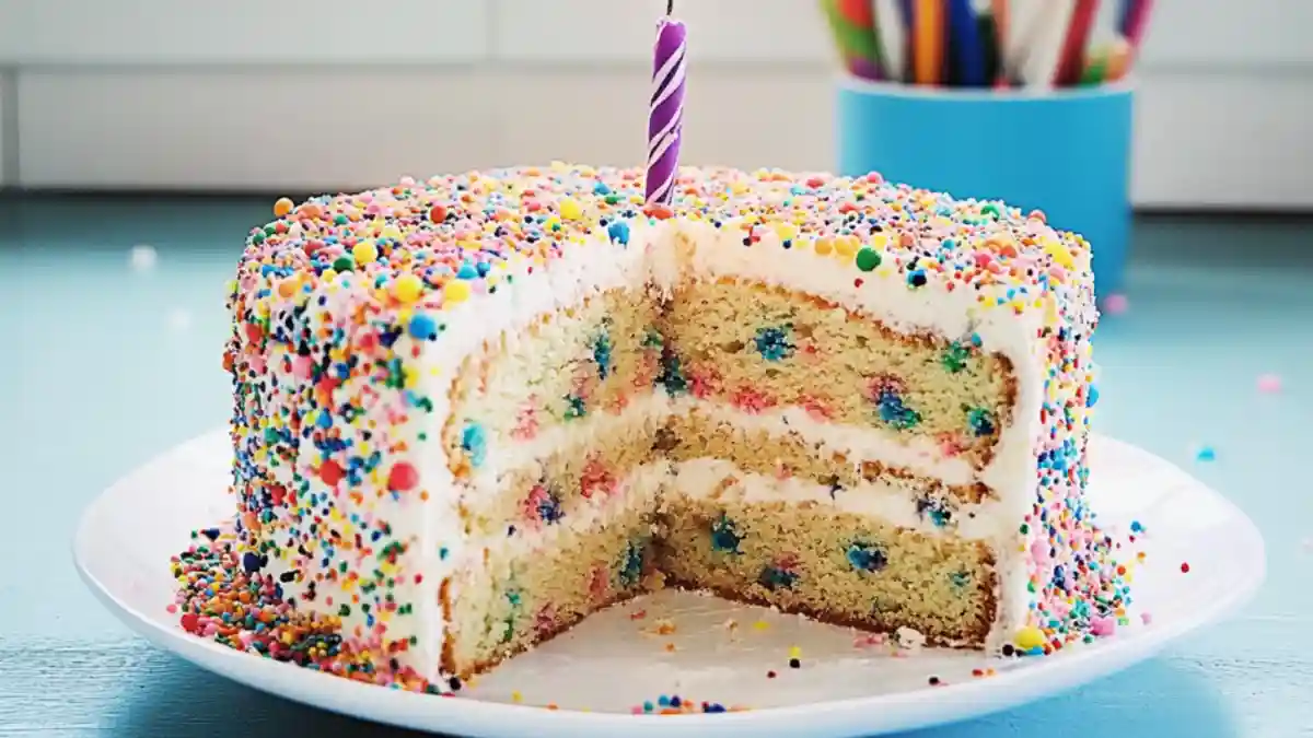 A slice of colorful Funfetti Cake topped with fluffy frosting and rainbow sprinkles.