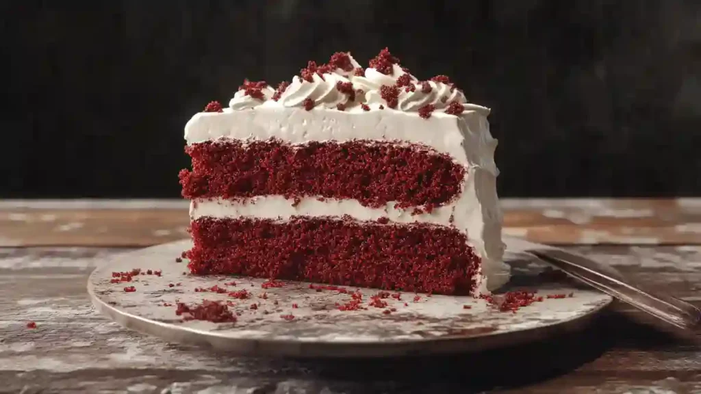 Close-up of the interior layers of a red velvet cake slice, showcasing its perfect blend of moist cake and creamy frosting