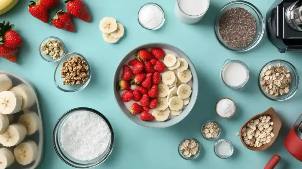 A blender jar filled with vibrant fruits, including raspberries, blackberries, pineapple chunks, and a creamy base, ready to be blended into a refreshing smoothie bowl.