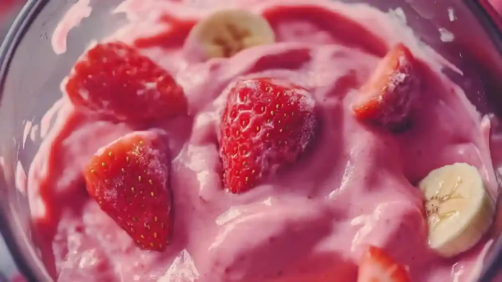 A creamy pink smoothie bowl topped with fresh strawberry slices and banana coins, offering a vibrant and nutritious treat.