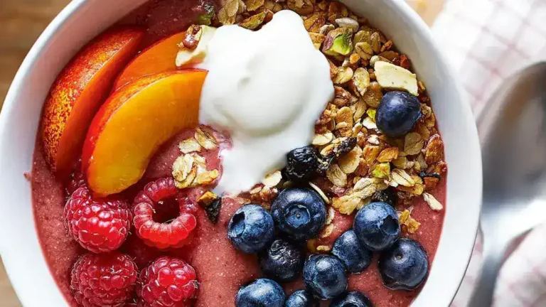 A colorful smoothie bowl topped with fresh fruits, granola, and seeds.