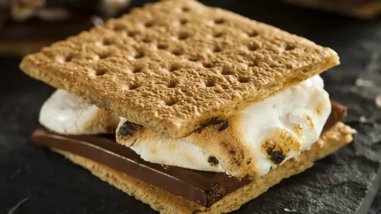 A close-up of S'mores featuring melted chocolate and toasted marshmallow sandwiched between graham crackers, with a campfire glow in the background.