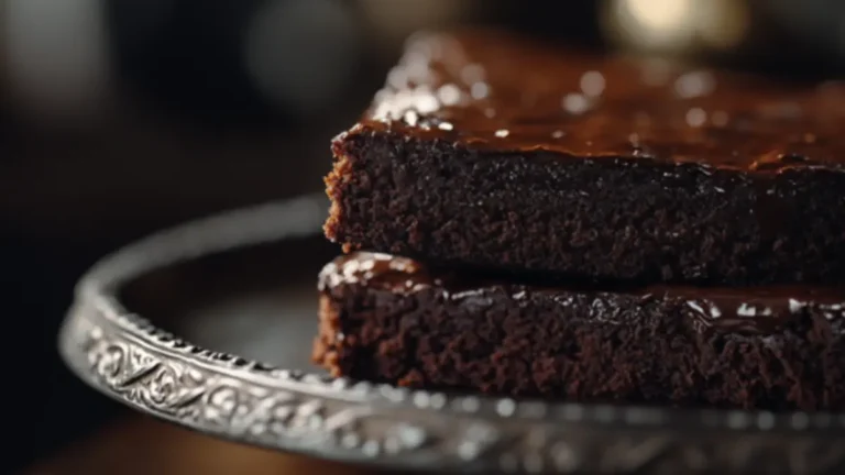 Slice of Chocolate Gooey Butter Cake with a dusting of powdered sugar on a white plate.