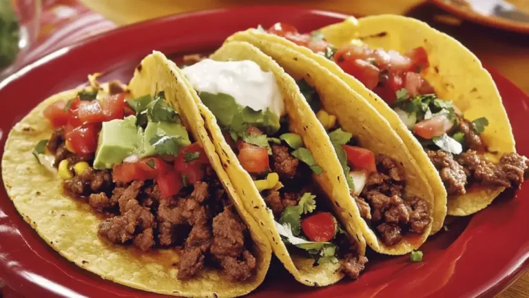 Delicious beef tacos filled with seasoned ground beef, topped with fresh lettuce, diced tomatoes, cheese, and salsa, served on warm corn tortillas.