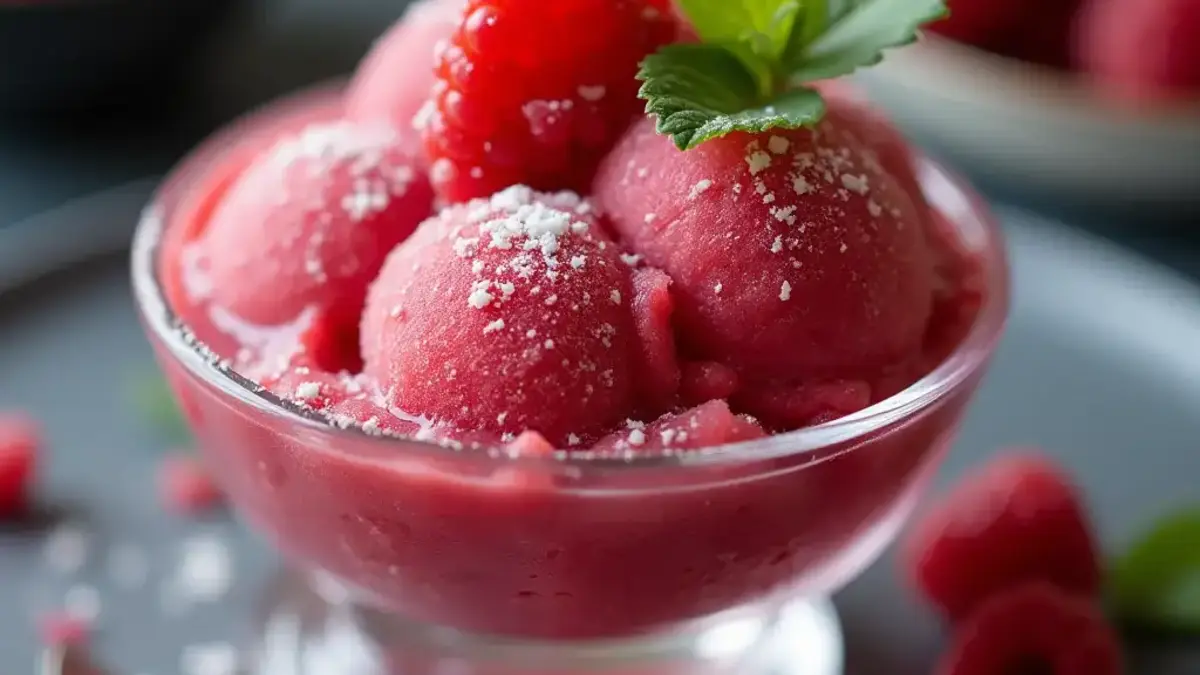 Delicious raspberry sorbet in a bowl, garnished with fresh raspberries and mint leaves.