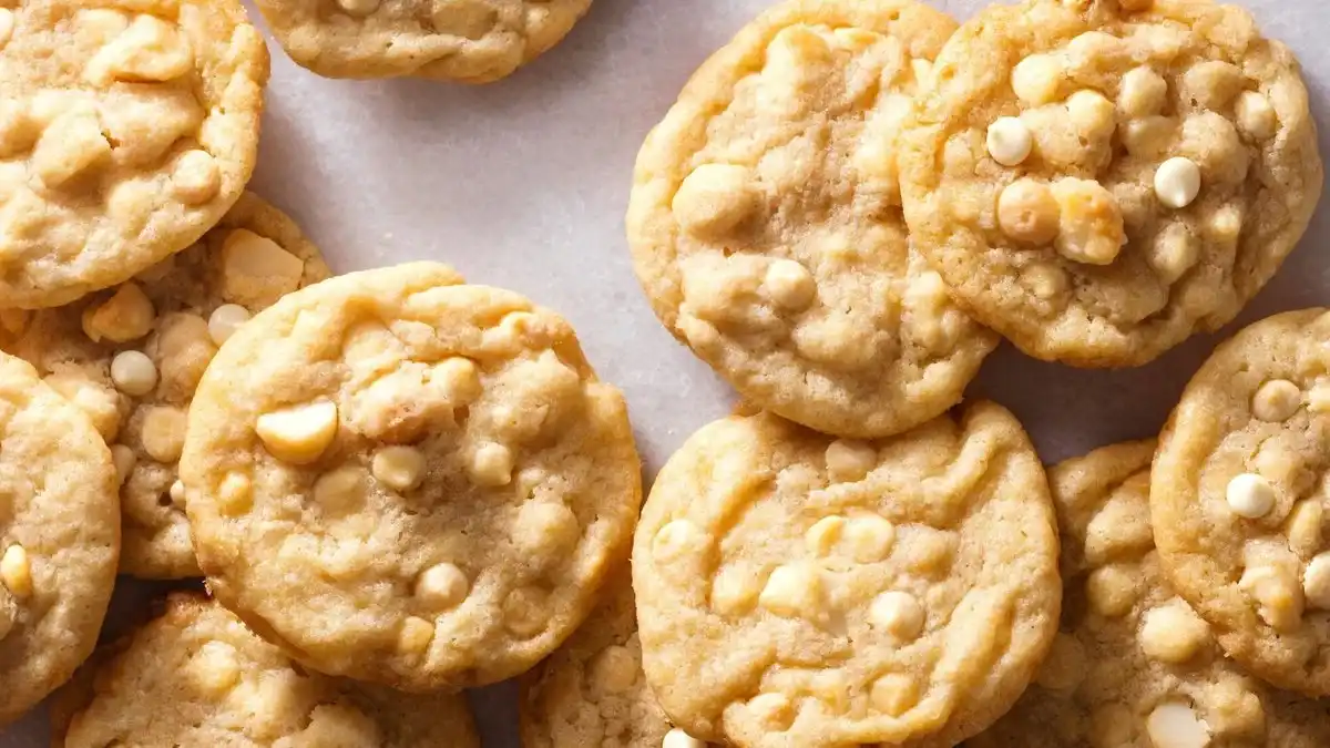 Freshly baked White Chocolate Macadamia Nut Cookies on a cooling rack.