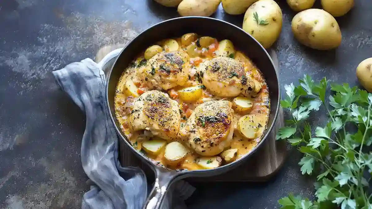 Garlic Parmesan Chicken and Potatoes in a ceramic dish, garnished with fresh parsley