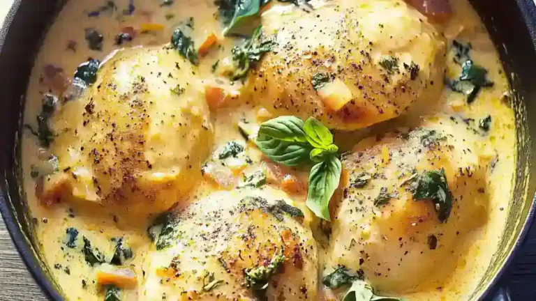 Garlic Parmesan Chicken and Potatoes in a ceramic dish, garnished with fresh parsley