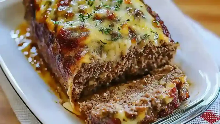 A beautifully sliced Philly Cheese Steak Meatloaf topped with melted cheese, served on a rustic plate with sautéed vegetables on the side