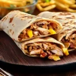 Delicious Shawarma served in pita bread with fresh vegetables, accompanied by crispy French fries on a plate.