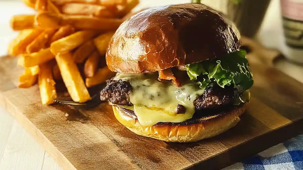 Juicy wagyu burger with melted cheese, fresh lettuce on brioche bun served with golden french fries