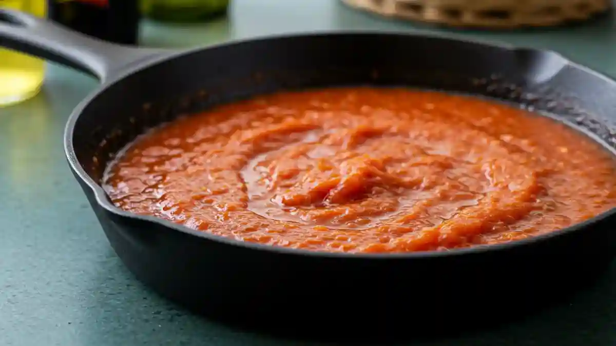 Homemade Salsa Brava simmering in a black cast iron pan, a classic Spanish spicy tomato sauce.