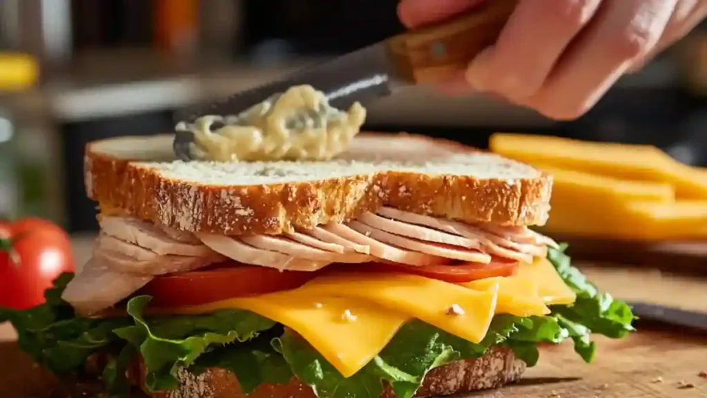 layered knob sandwich with roast beef and aioli