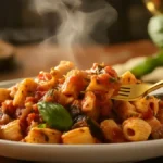 Scungilli recipe pasta with spicy marinara sauce served in an Italian kitchen.