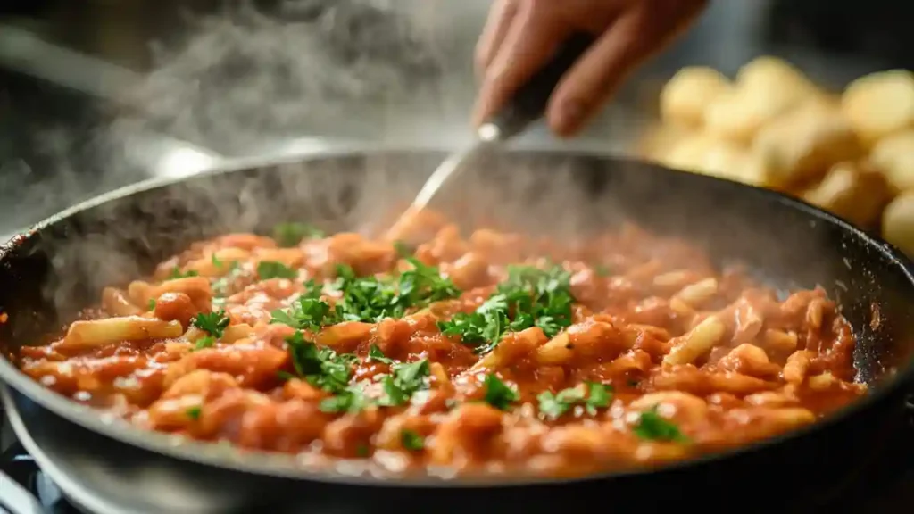 Linguine pasta with scungilli recipe tossed in spicy marinara sauce.