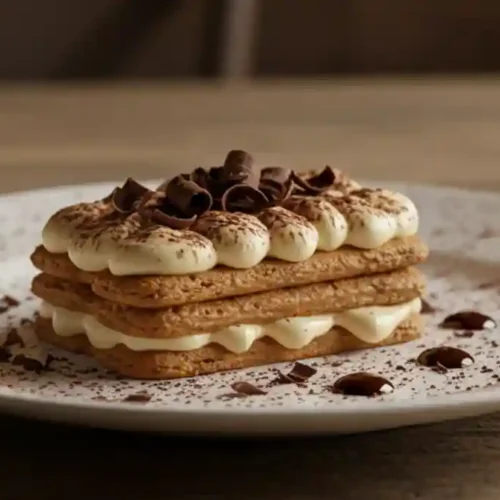 Terra Massoud dessert with cocoa dusting and chocolate shavings