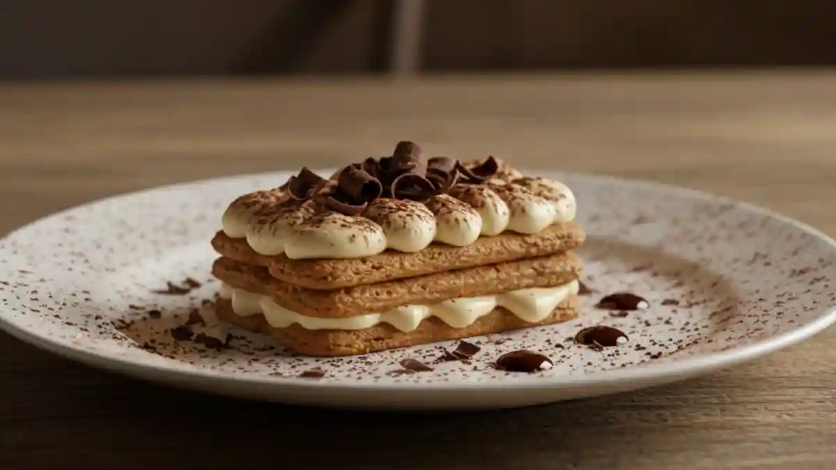 Terra Massoud dessert with cocoa dusting and chocolate shavings