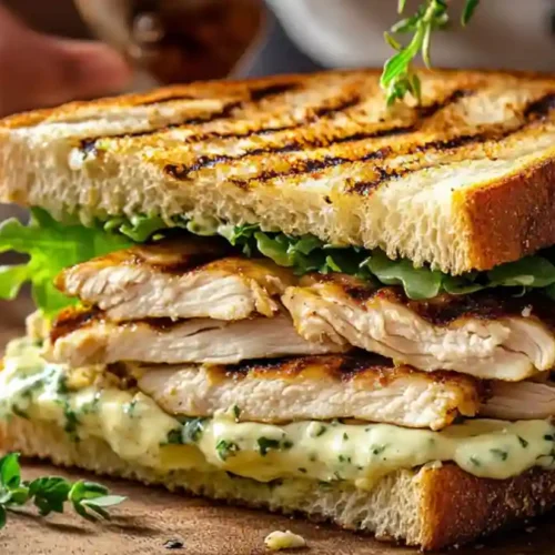 A beautifully stacked Knob Sandwich with grilled chicken and melted Swiss cheese, served on a rustic wooden board.