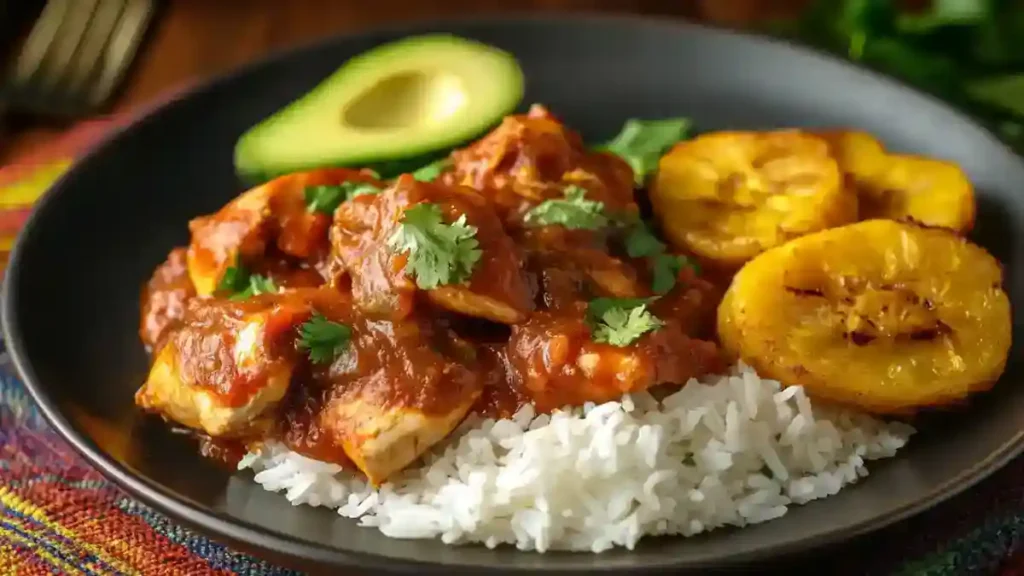 Pollo Guisado with rice and tostones	