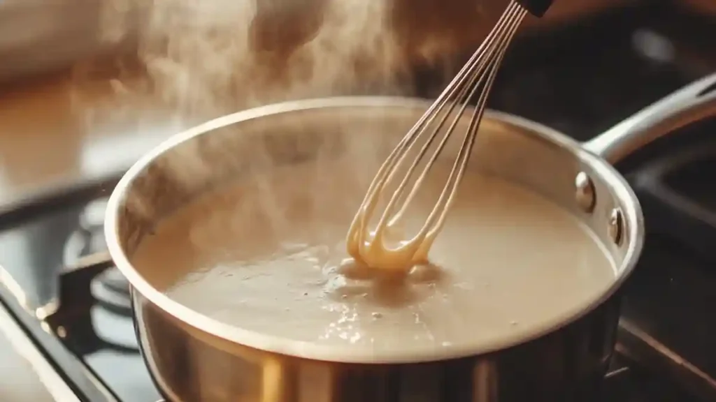 Homemade vanilla pudding cooking in saucepan