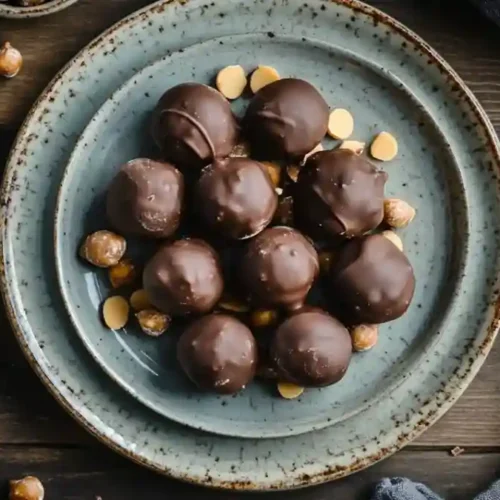 Homemade Butterfinger Balls stacked on a plate