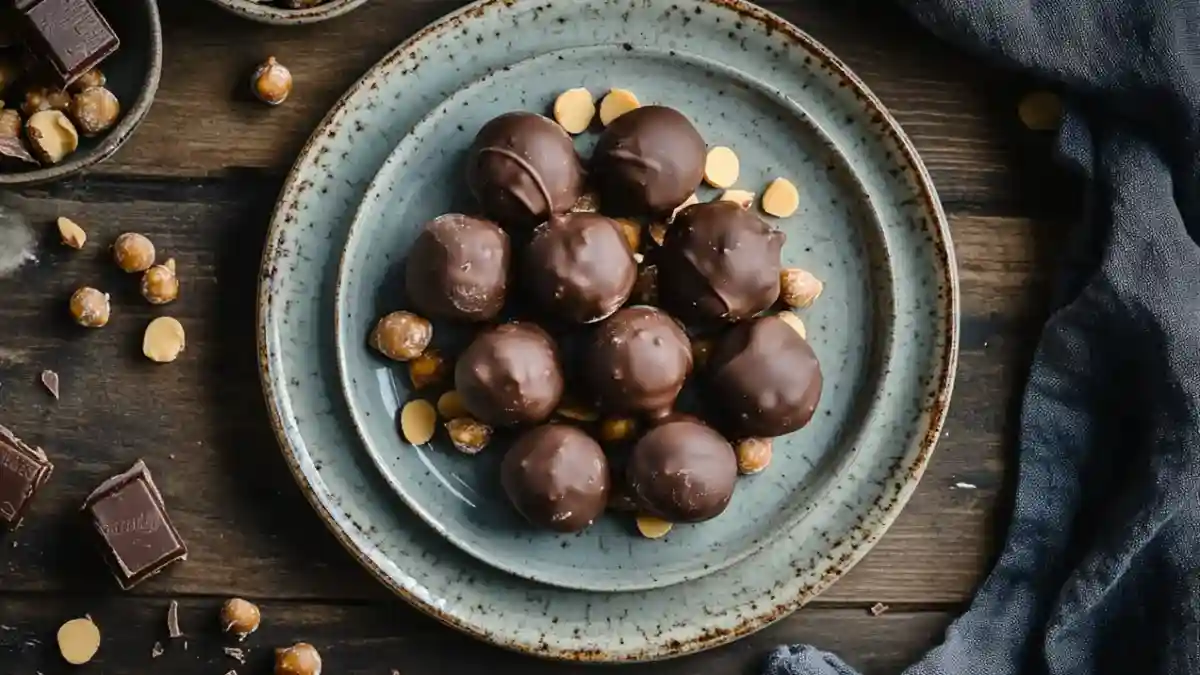 Homemade Butterfinger Balls stacked on a plate