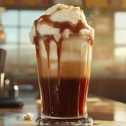 Classic root beer float in a frosty glass on a retro diner table