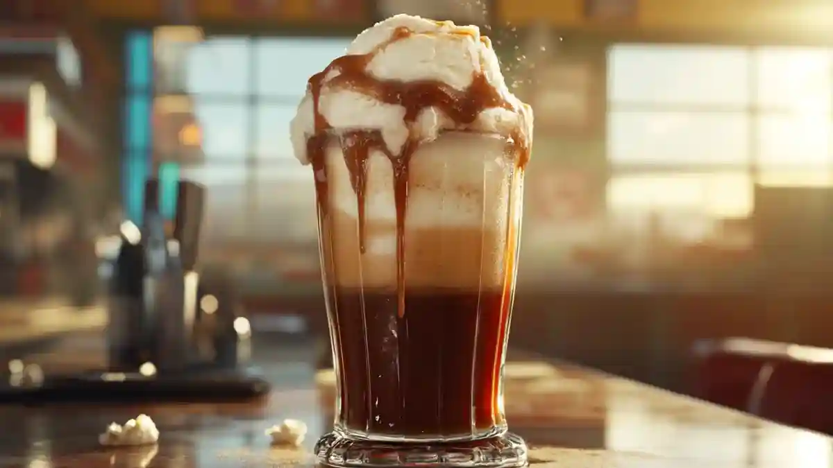Classic root beer float in a frosty glass on a retro diner table