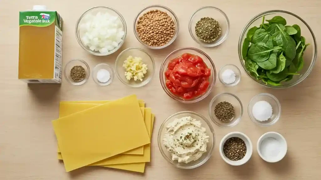 Ingrédients de la soupe lasagnes au crockpot disposés sur une table en bois : bouillon, épinards, tomates, ail, oignon, pâtes, ricotta, lentilles et épices.
