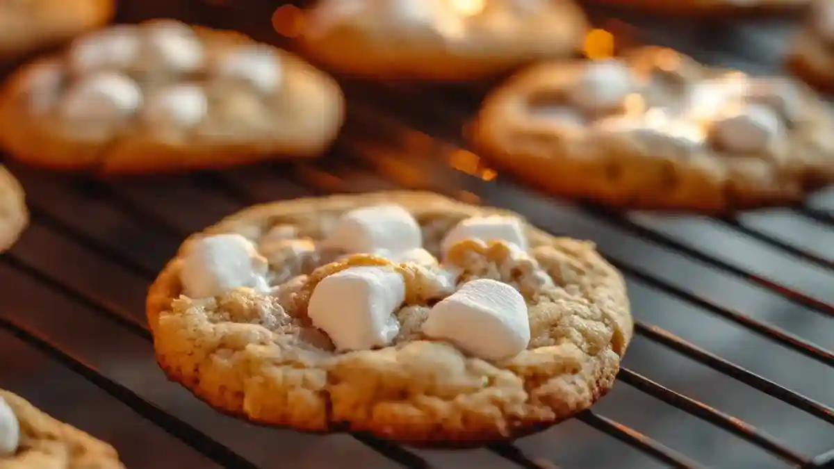 Gooey marshmallow cookie close-up on baking rack