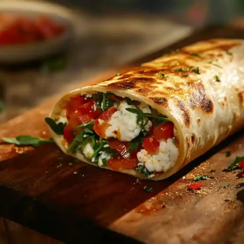 Rolled cottage cheese wrap with colorful healthy fillings