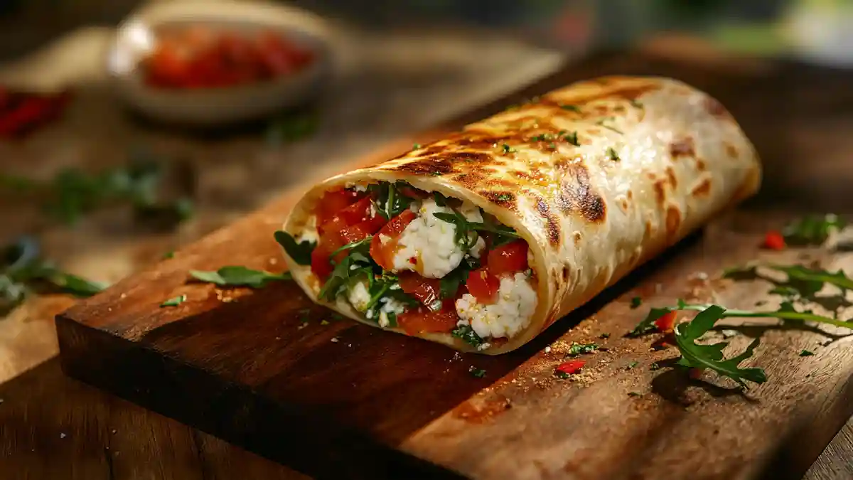 Rolled cottage cheese wrap with colorful healthy fillings